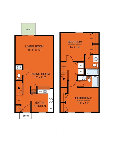 Floor plan for 2 beds, 2.5 baths, 1181 sqft